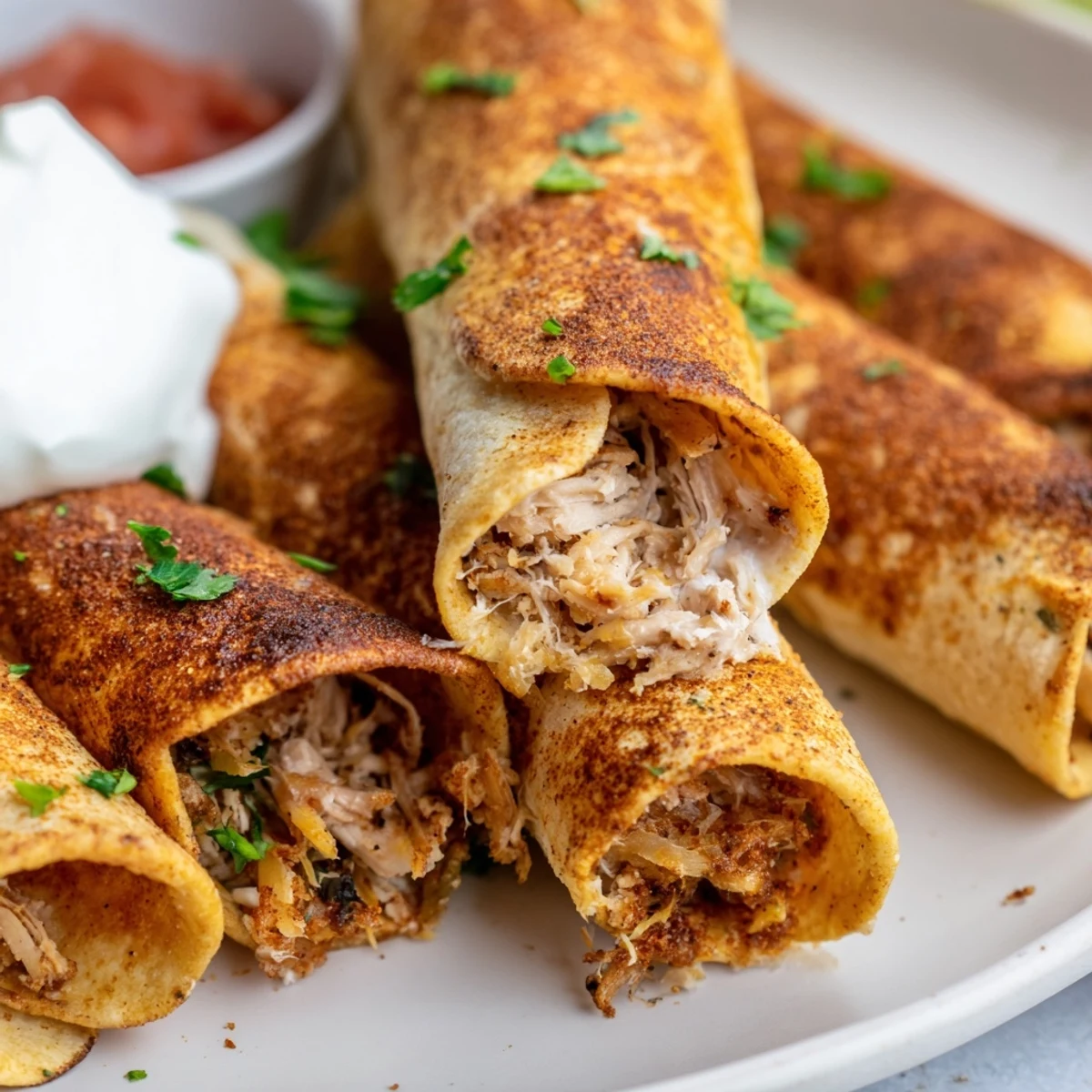 Oven baked chicken taquitos with seasoned shredded cheese filling and golden crunchy tortillas