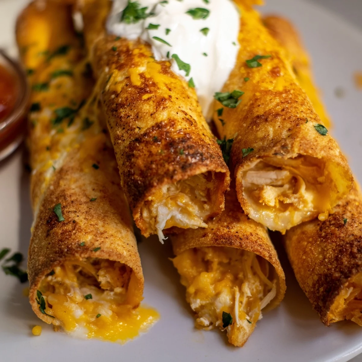 Plate of crispy chicken taquitos served with guacamole, salsa and sour cream dips