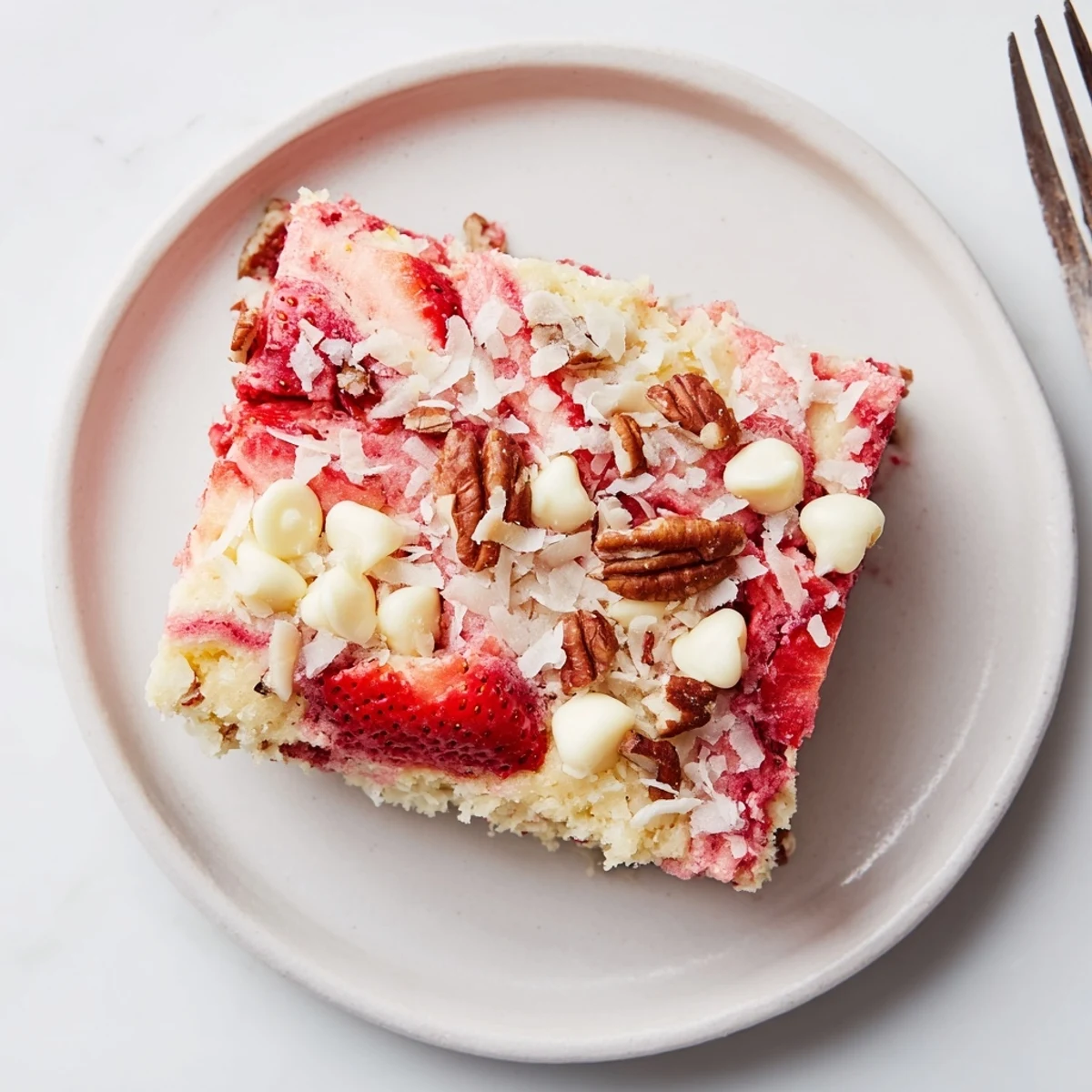 Decadent strawberry earthquake cake with swirled cream cheese and white chocolate chips