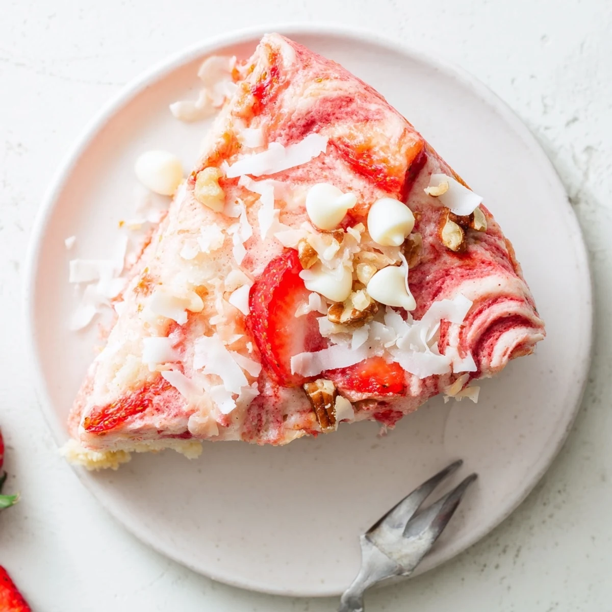 Sliced strawberry earthquake cake revealing marbled cream cheese filling and chocolate chip layers