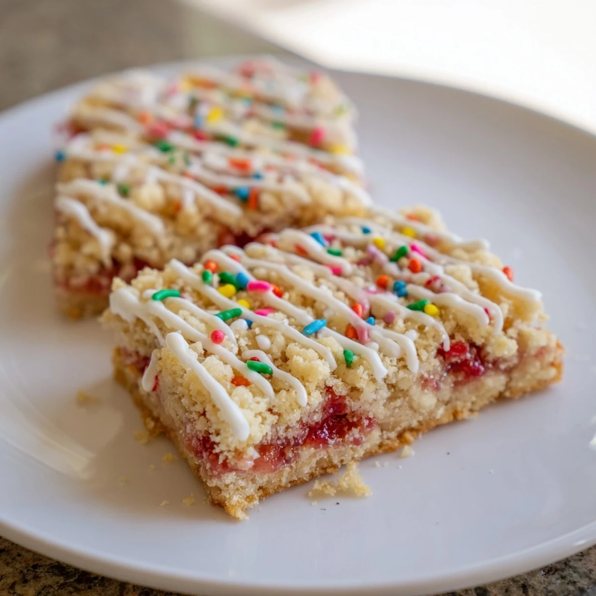 Soft sugar cookie bars layered with fruity jam and sweet vanilla glaze with rainbow sprinkles