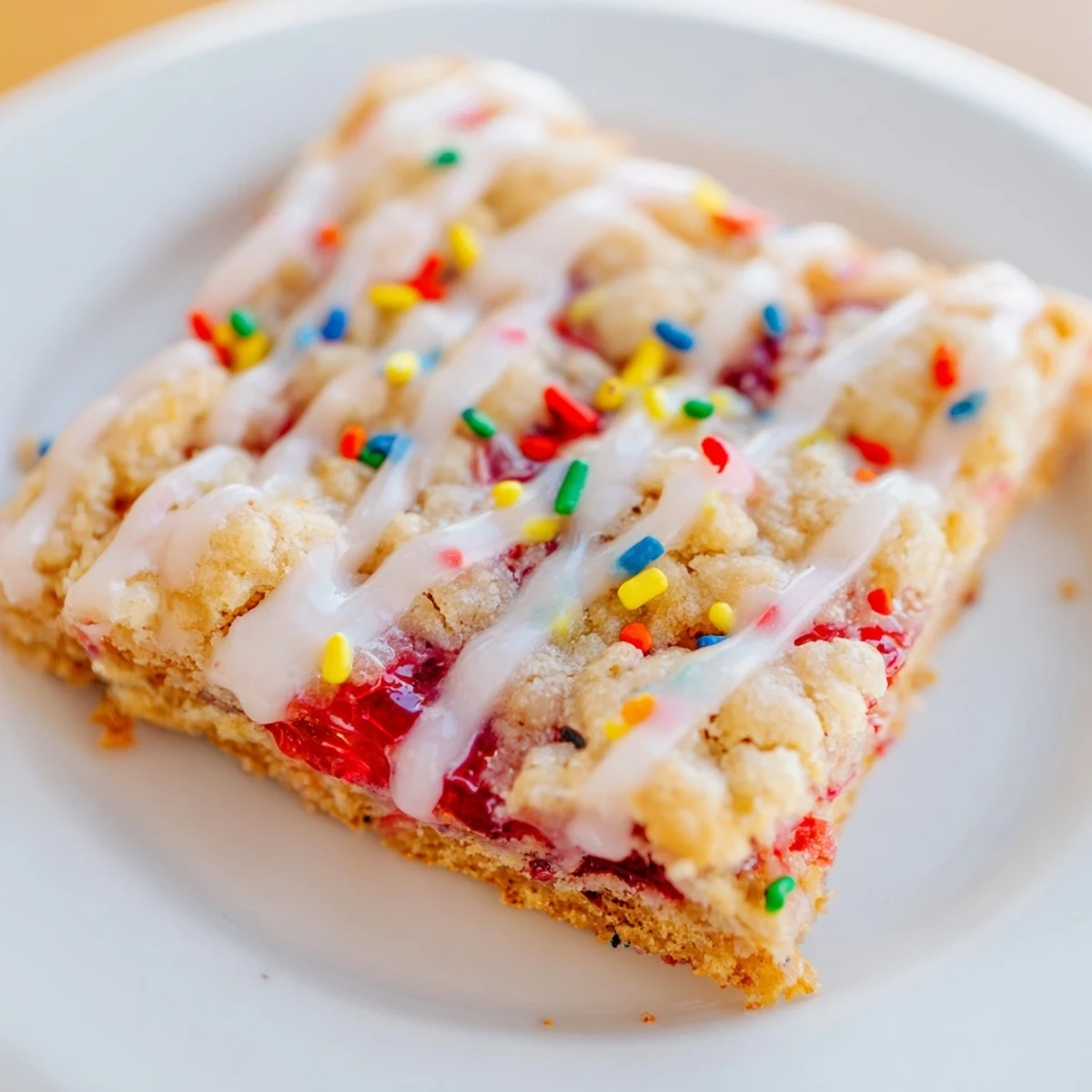 Golden Poptart cookie bars with strawberry jam center and white glaze topped with colorful sprinkles