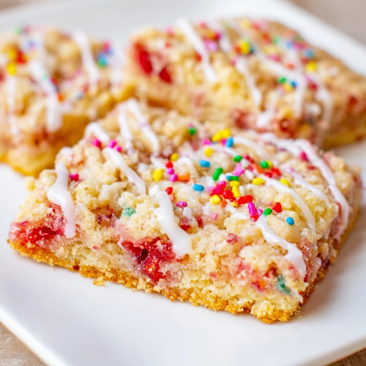 Homemade Poptart cookie squares featuring crumbly dough strawberry filling and creamy white icing decoration