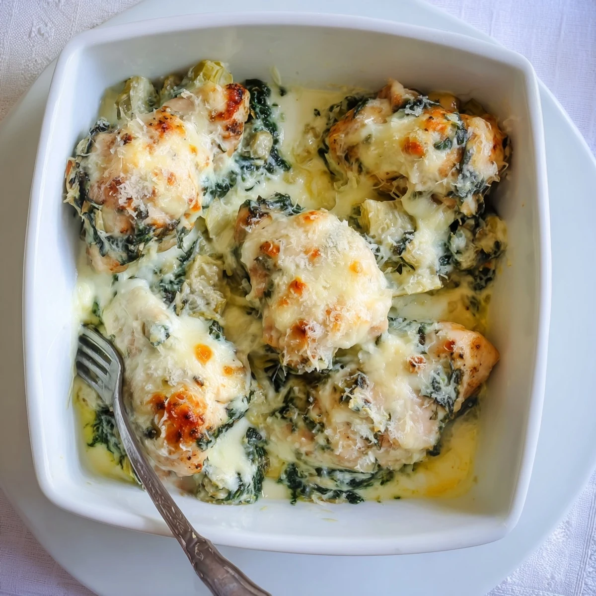 Creamy spinach and artichoke chicken casserole served hot on a white plate garnished with parsley