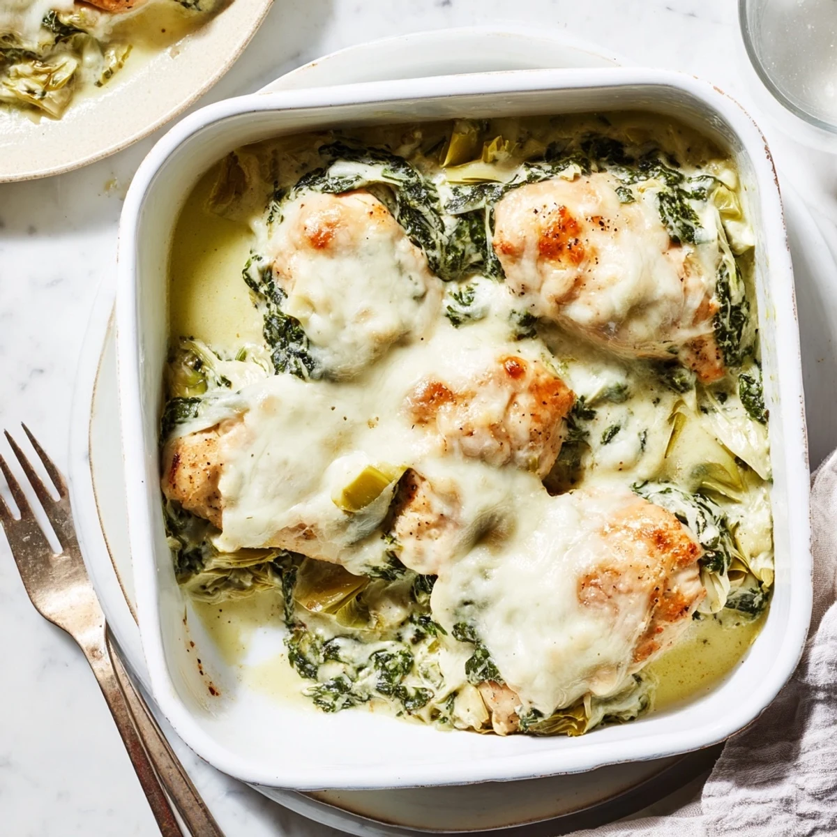 Baked chicken breasts topped with gooey spinach artichoke dip mixture and golden brown mozzarella cheese
