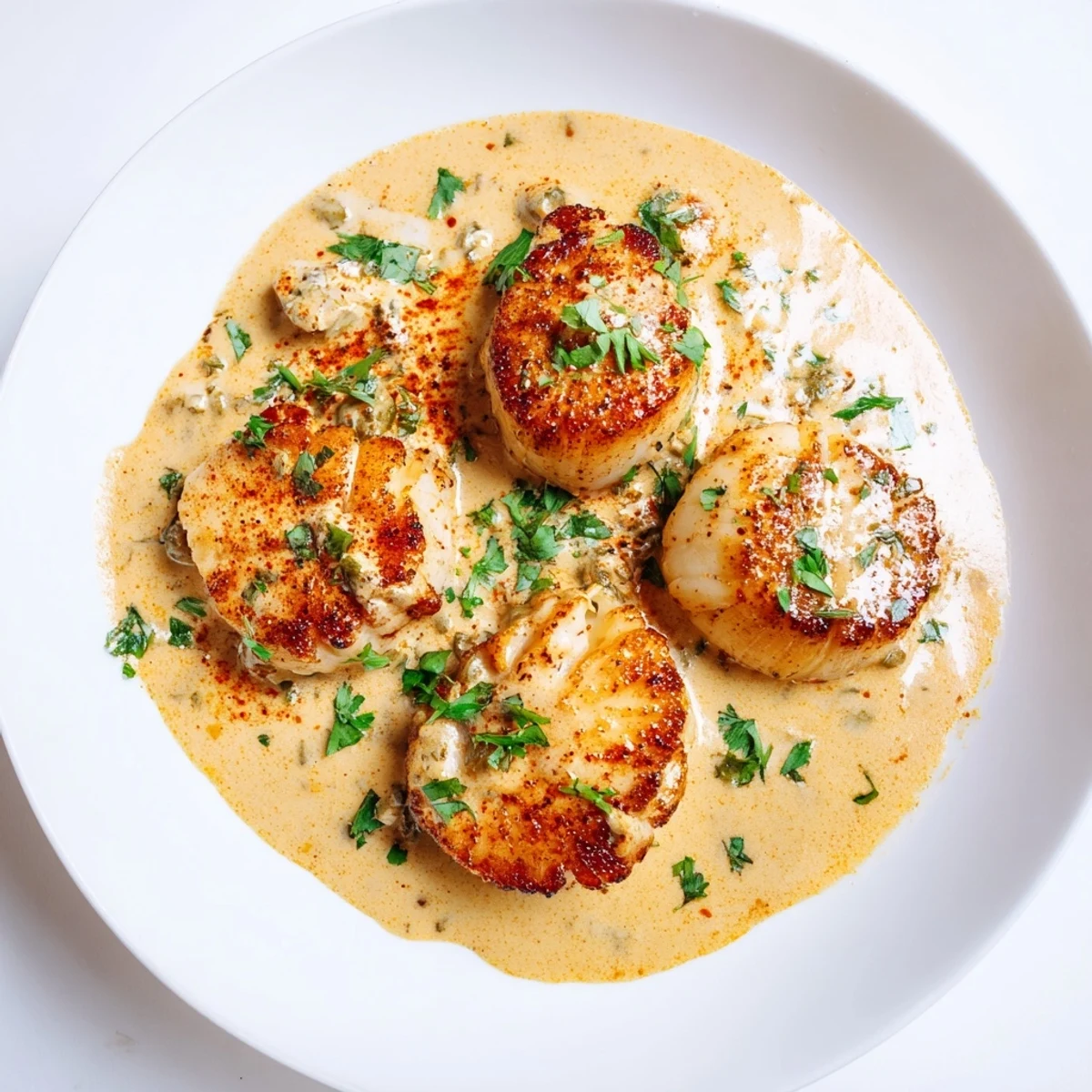 Golden seared scallops resting in a creamy Cajun spiced sauce with fresh parsley garnish