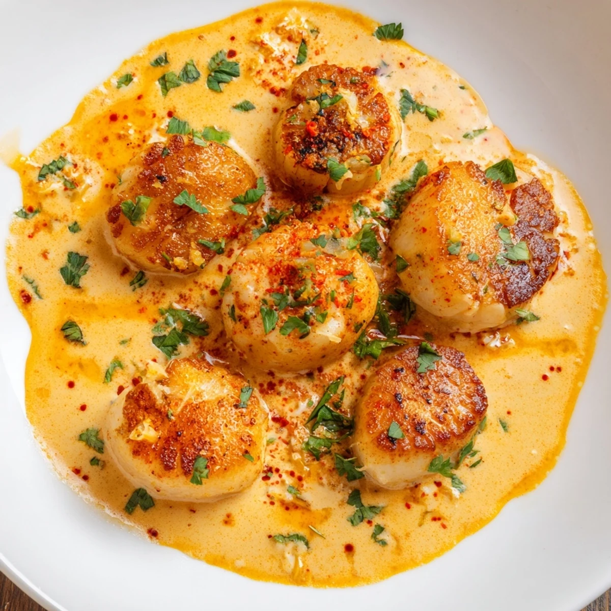 Perfectly pan-seared scallops topped with spicy rich cream sauce and lemon wedges