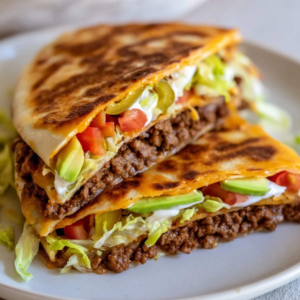 Golden keto crunchwrap with seasoned beef, melted cheese, and fresh vegetables folded into crispy low-carb tortilla