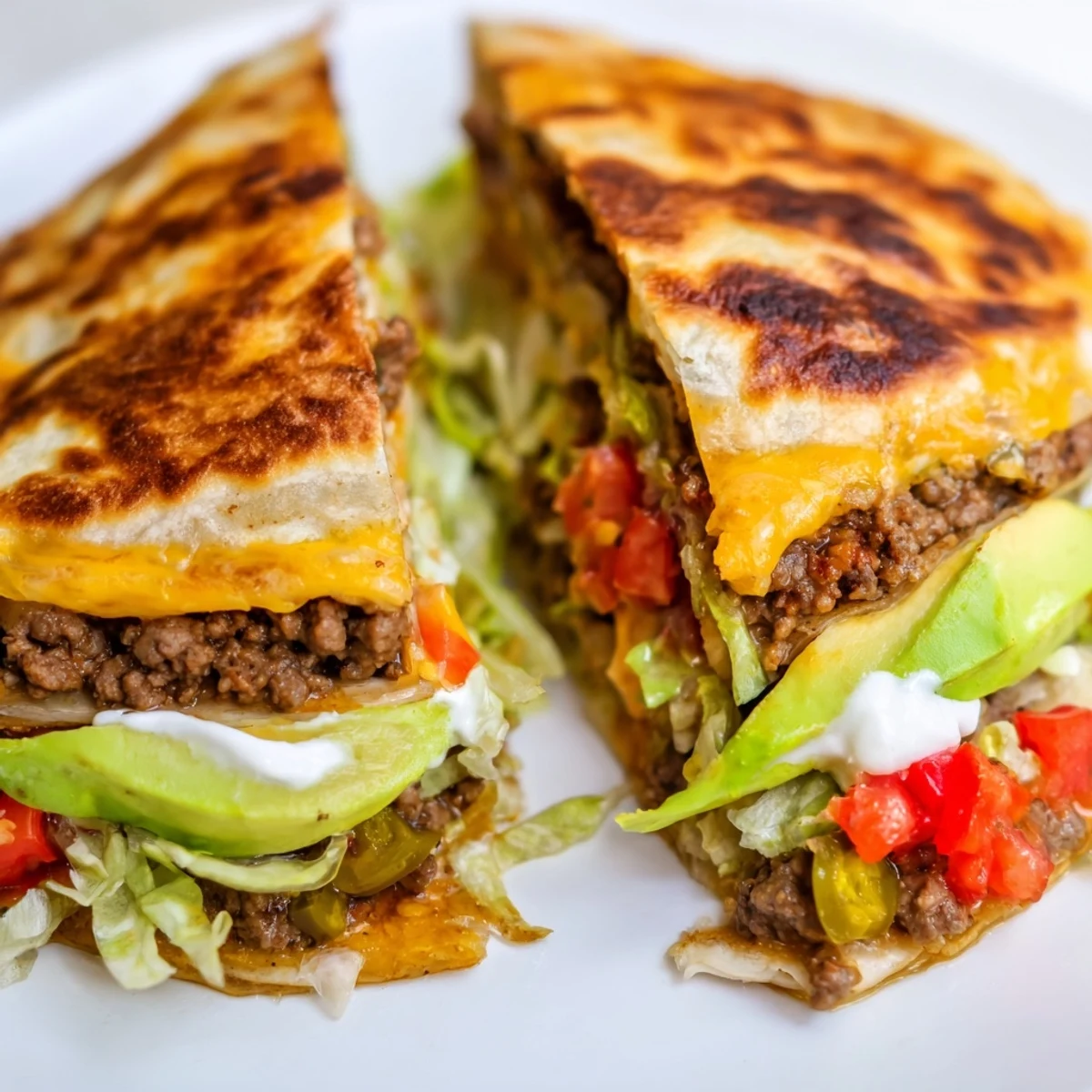 Homemade keto crunchwrap sliced open revealing layers of ground beef, cheddar, lettuce, tomato and creamy avocado