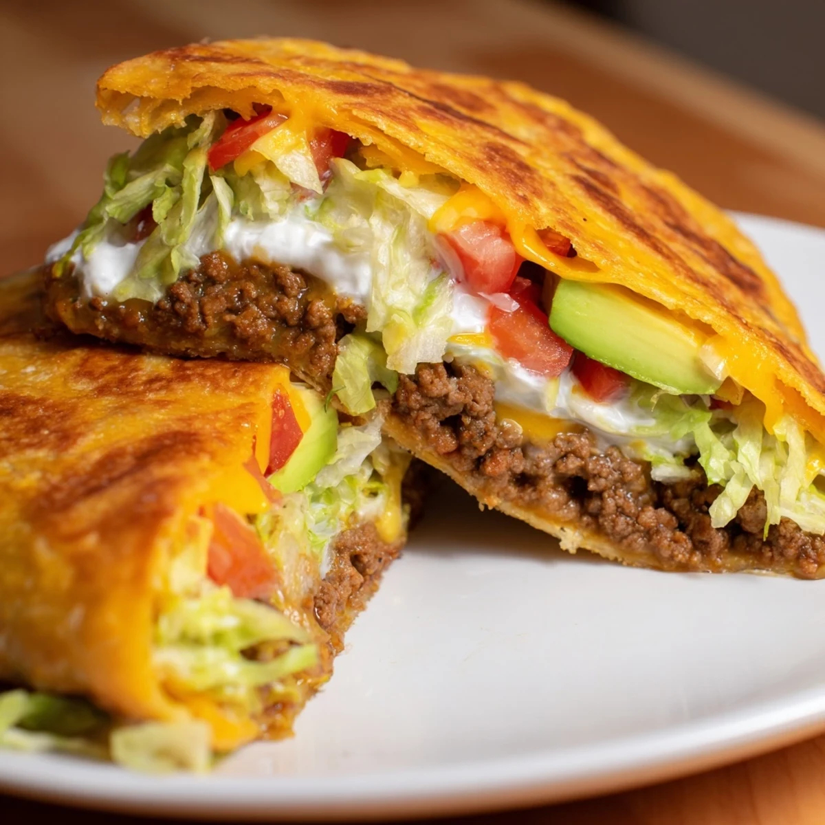 Pan-fried keto crunchwrap with almond flour tortilla stuffed with taco seasoned meat and colorful toppings