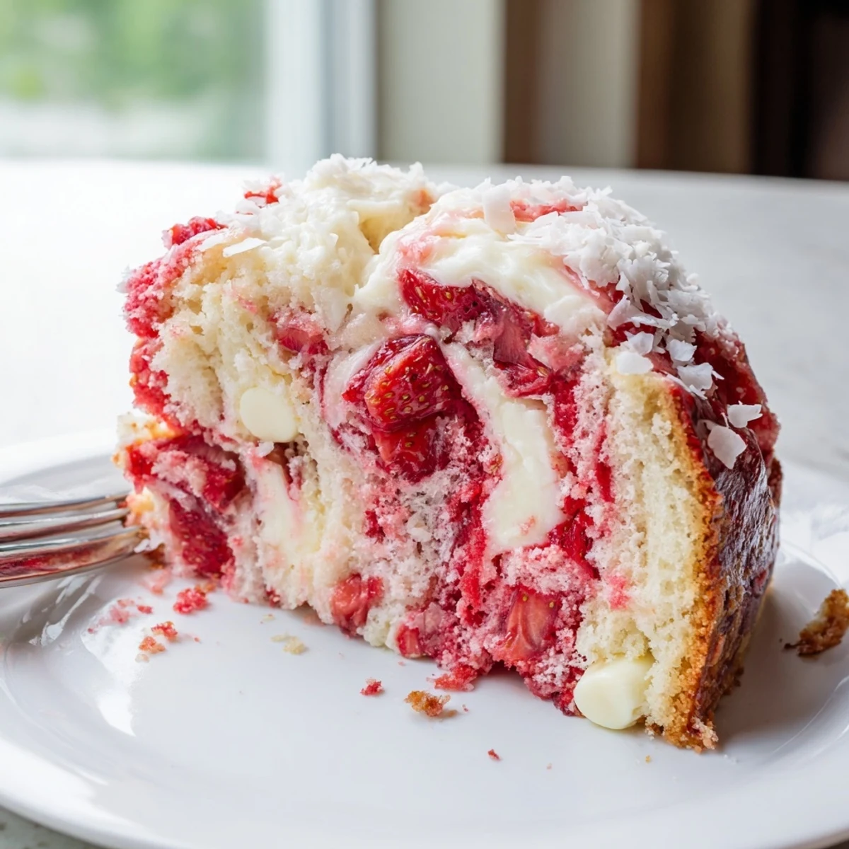 Sliced square of Gooey Strawberry Earthquake Cake showing strawberry chunks and gooey white chocolate center