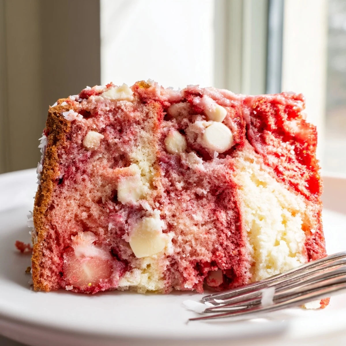 Fresh strawberry slices atop moist Gooey Strawberry Earthquake Cake with golden cream cheese pockets