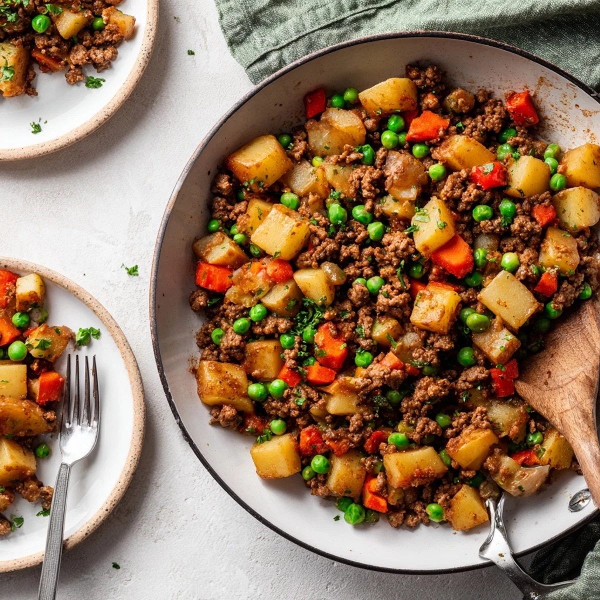 Savory one pan ground beef and potatoes served in a cast iron skillet