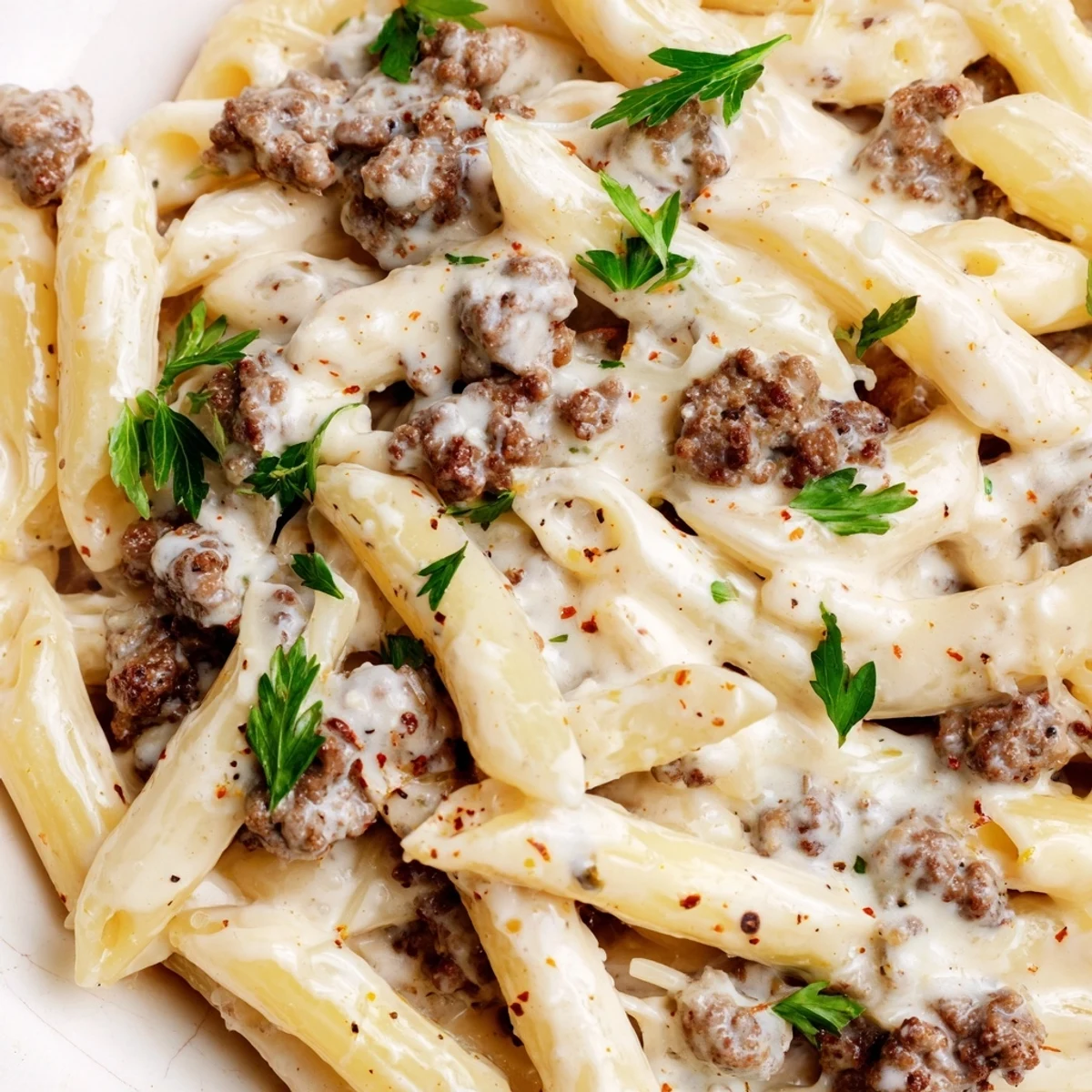 Creamy beef pasta featuring al dente penne coated in rich Parmesan sauce with browned ground beef