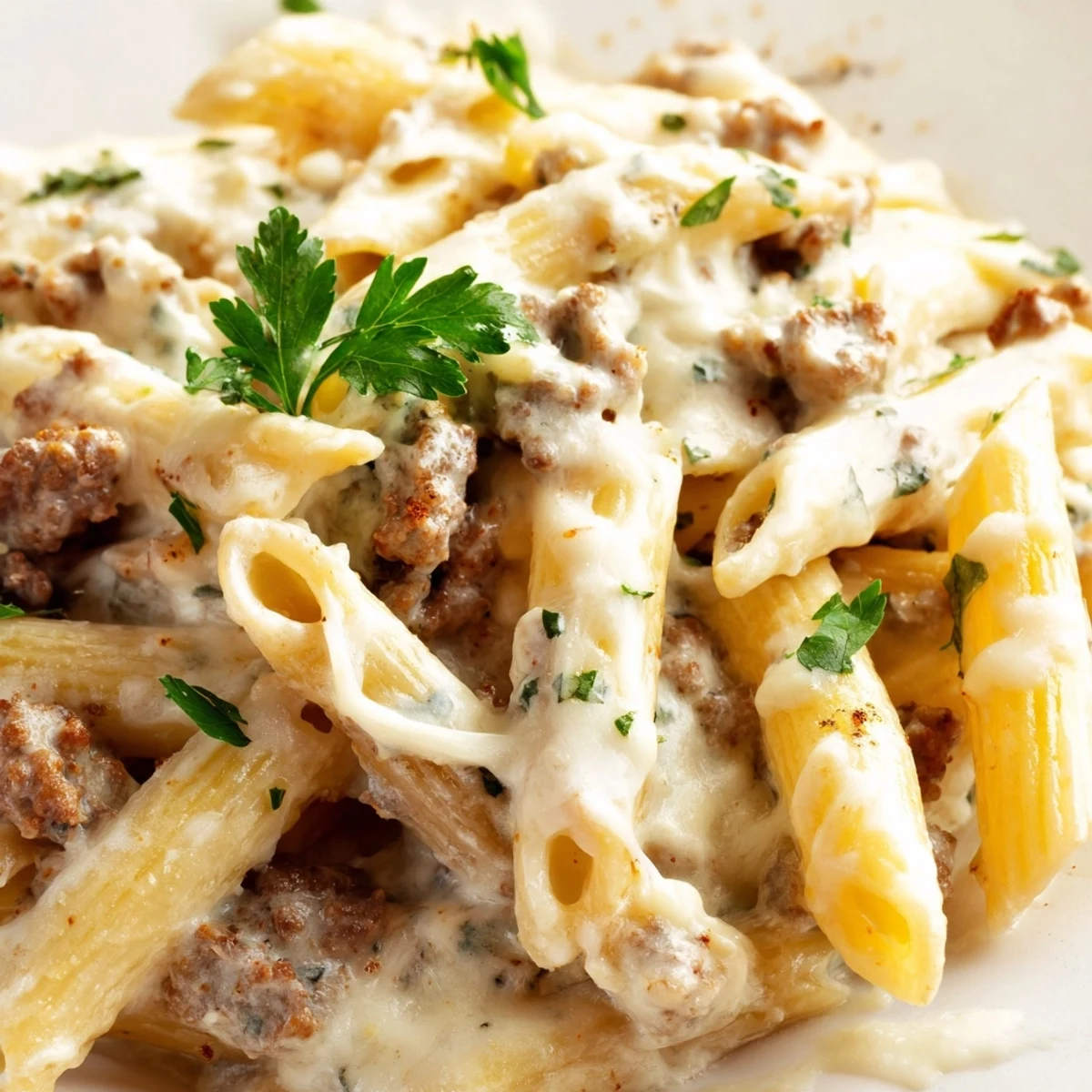 Italian-American creamy beef pasta recipe showcasing tender beef chunks in velvety white sauce over perfectly cooked penne
