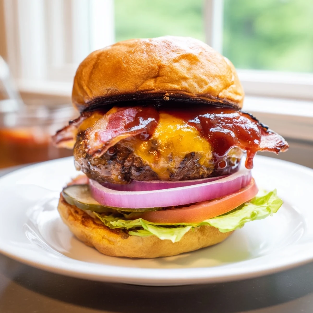 Savory hearty BBQ bacon burger stacked high with fresh lettuce, tomato, red onion, and dill pickle slices.