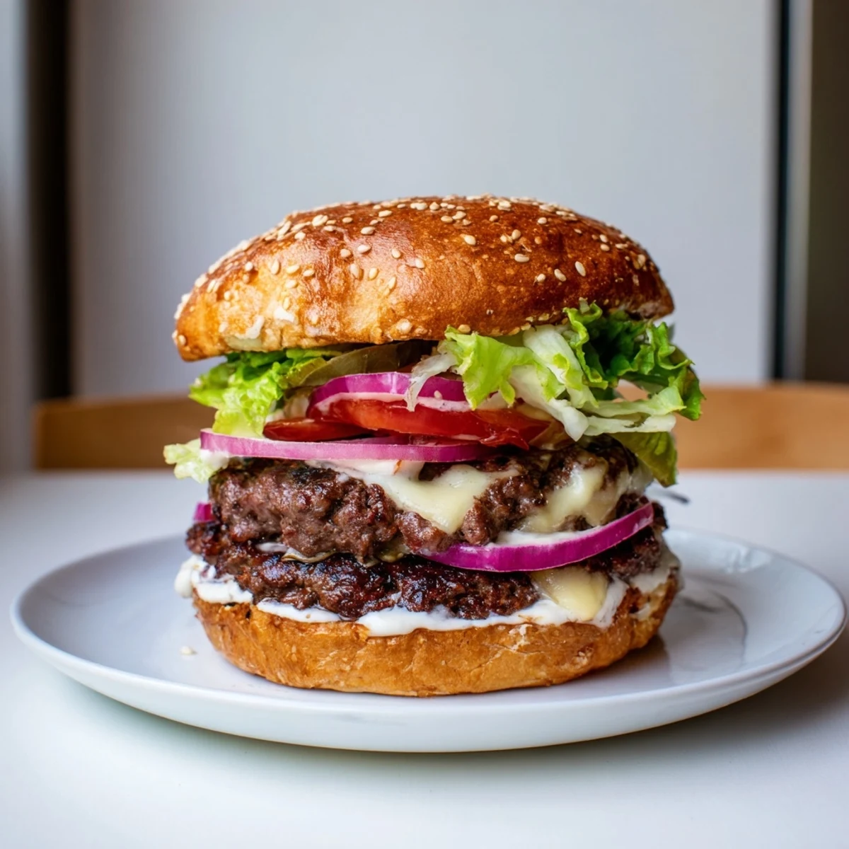 Delicious smash burger patty with caramelized edges, melted American cheese, and sliced pickles