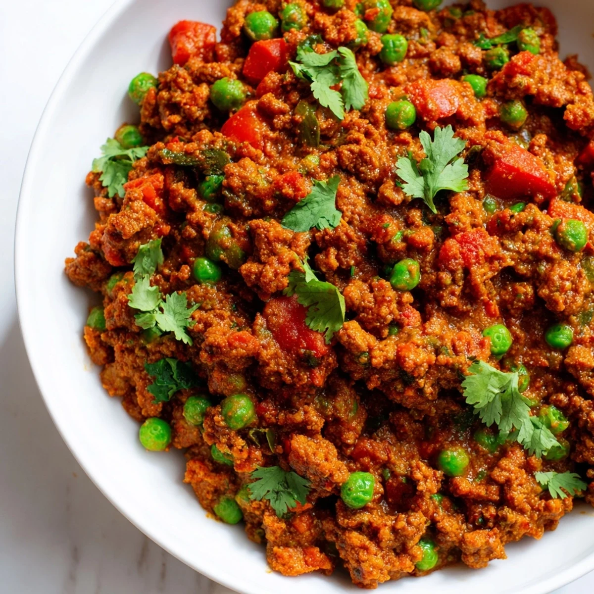 Golden Keema Curry bowl with fluffy rice and fresh cilantro garnish on rustic wooden table