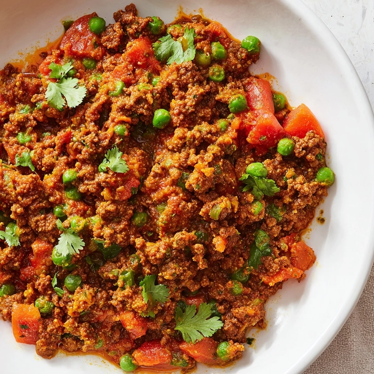 Savory ground beef Keema Curry simmered with tomatoes and green peas in traditional Indian spices
