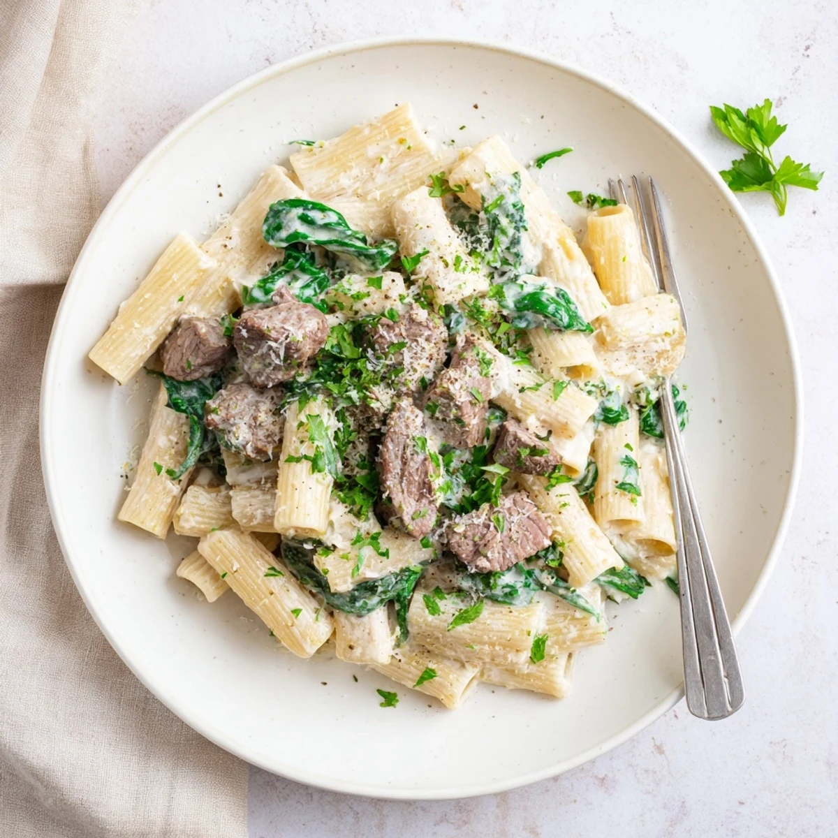 Whole wheat pasta coated in a velvety high protein creamy sauce with seasoned beef and fresh parsley garnish