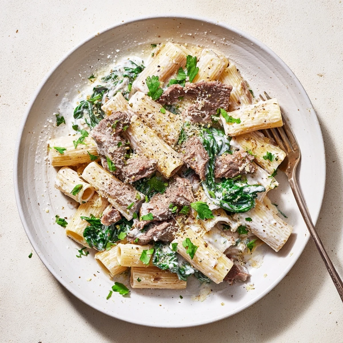 Steaming bowl of high protein beef pasta featuring browned beef, cottage cheese sauce, and grated Parmesan topping