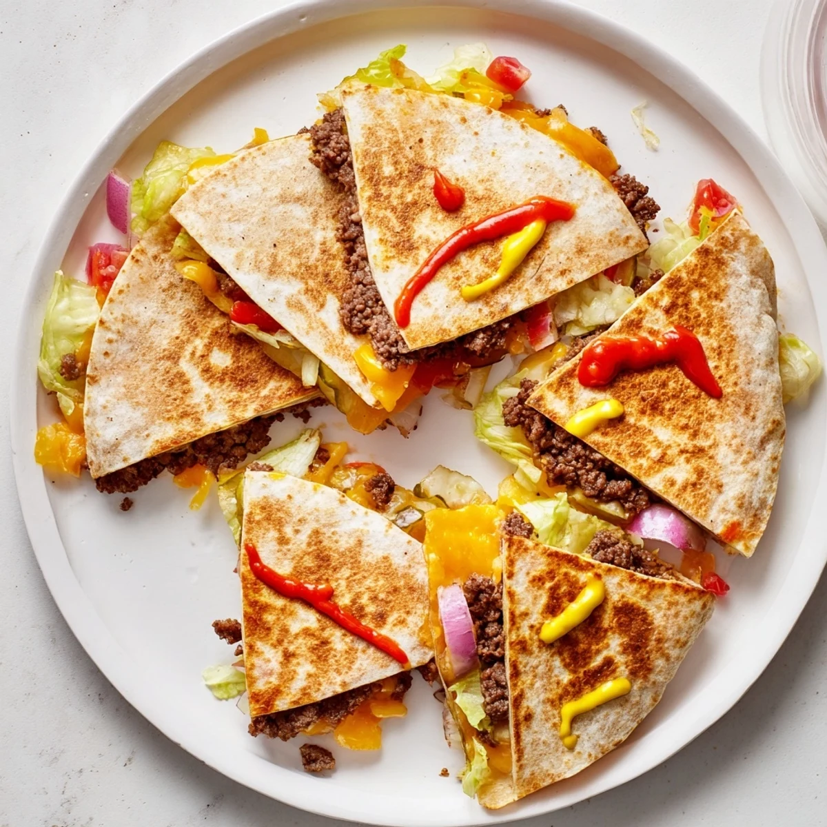 Golden crispy smashburger quesadilla cut into triangles revealing melted cheddar and juicy seasoned beef patties inside