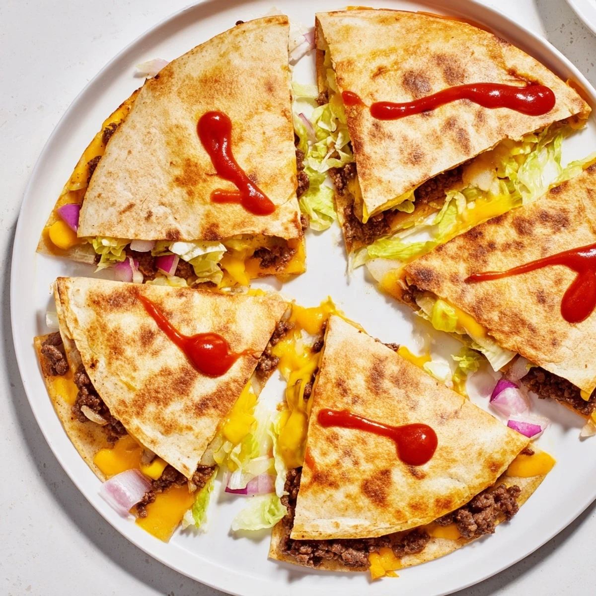 Half-opened smashburger quesadilla on a white plate showcasing layers of cheese, pickles, lettuce, and burger condiments