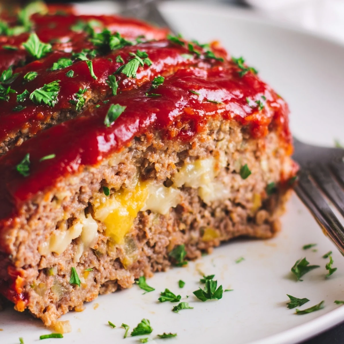 Golden glazed garlic Parmesan meatloaf topped with tomato sauce and grated cheese