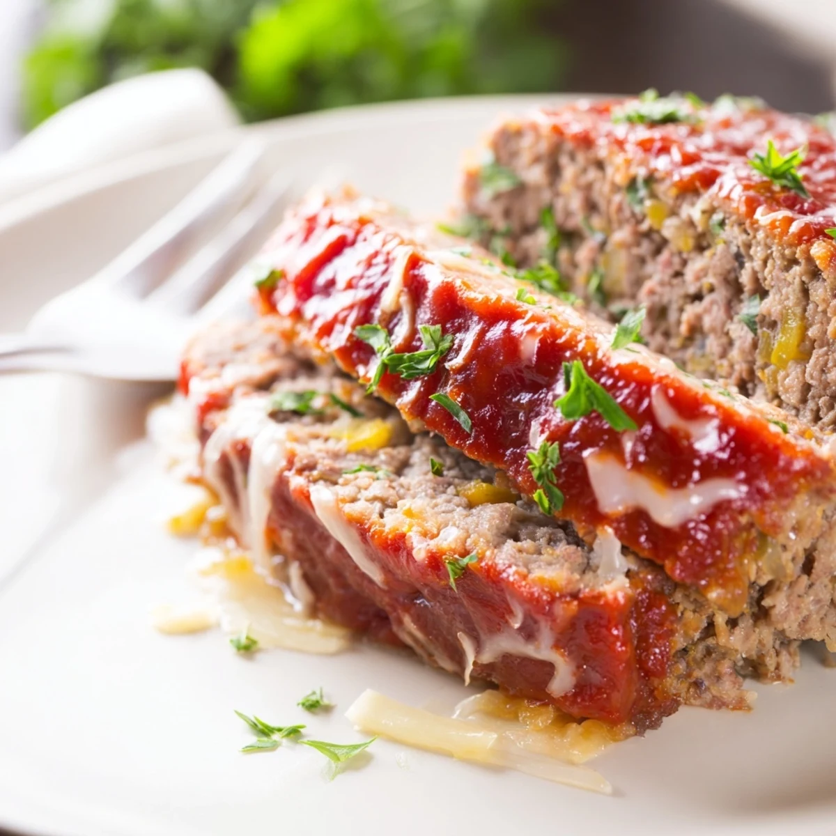 Tender slices of savory garlic Parmesan meatloaf garnished with fresh green parsley