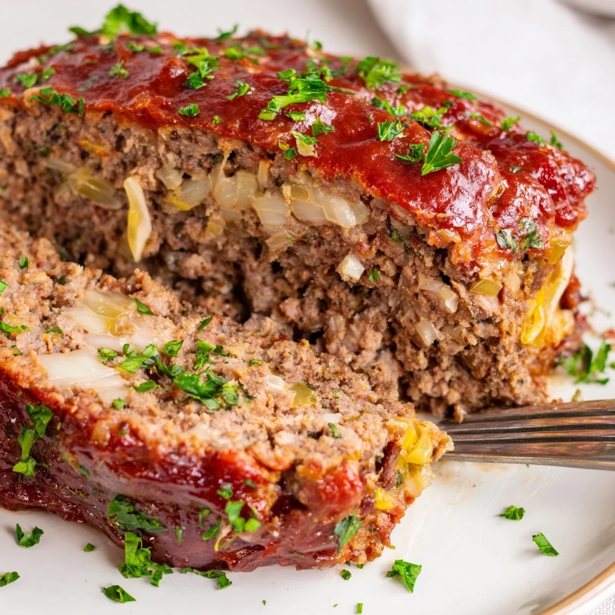 Homemade garlic Parmesan meatloaf loaf resting on white baking sheet with red glaze