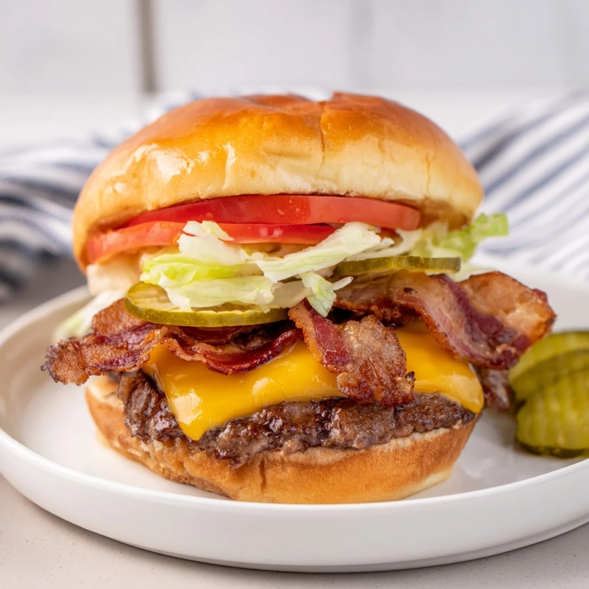 Homemade Crack Burgers piled high with lettuce, tomato, pickles, and savory ranch-mayo sauce