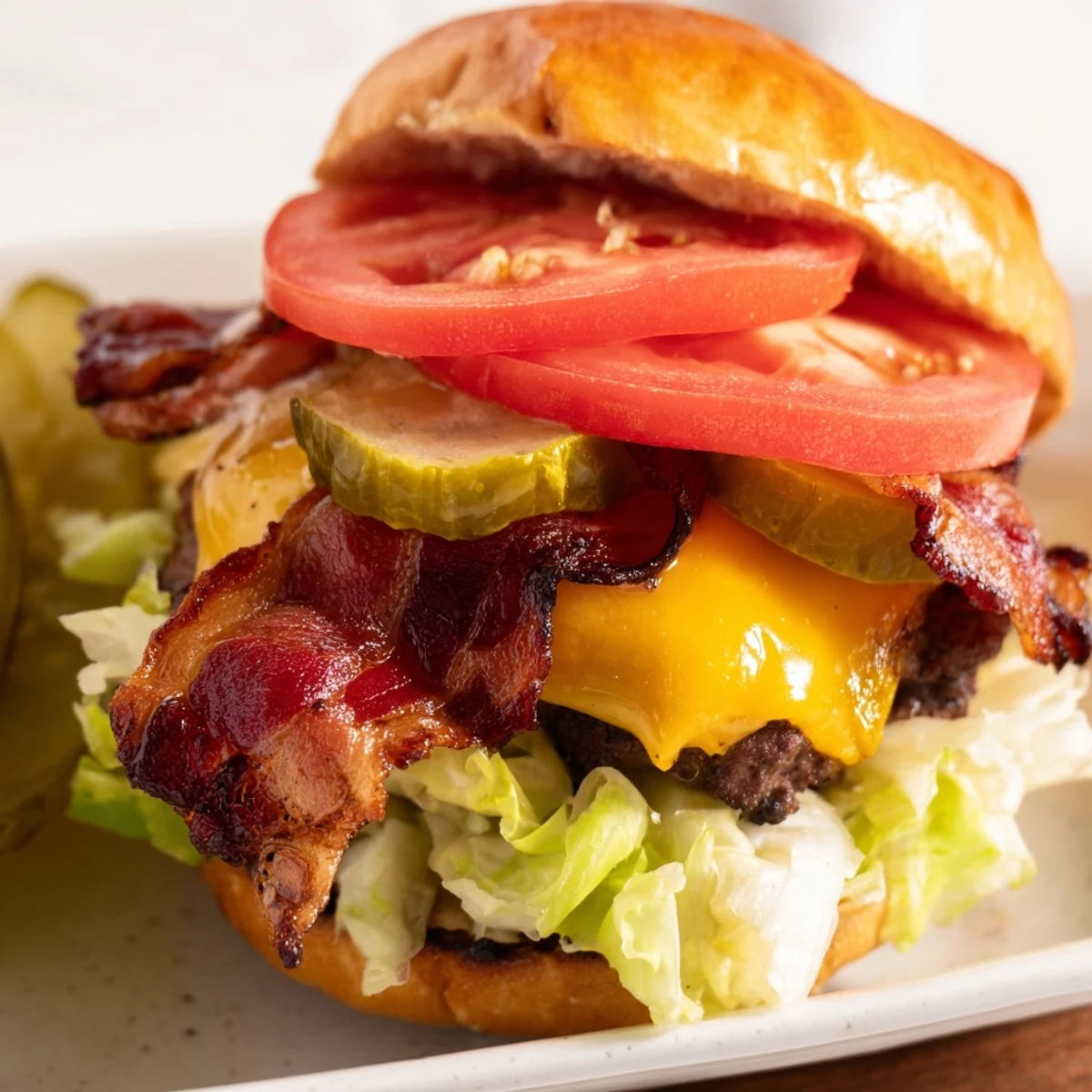 Juicy Crack Burger with crispy bacon, melted cheddar, and tangy crack sauce on toasted brioche bun