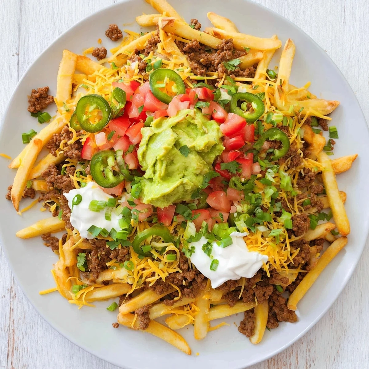 Heaping platter of taco beef loaded fries featuring gooey melted Monterey Jack, sour cream, guacamole, and crisp colorful vegetable garnishes