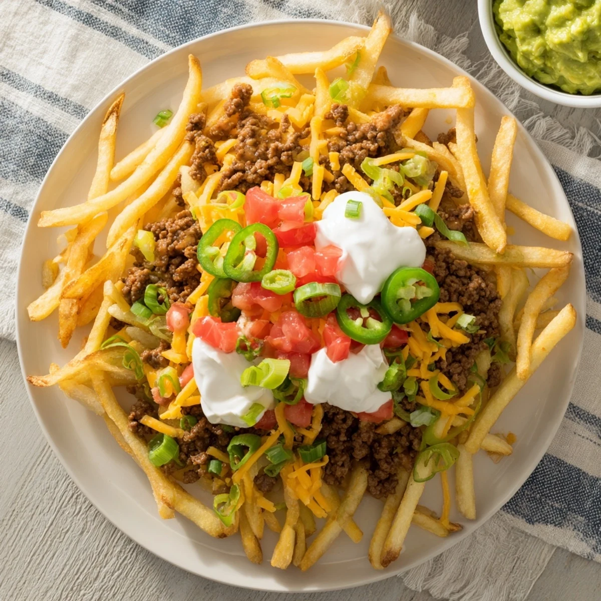 Baked French fries piled high with spiced ground beef, double cheese blend, jalapeño slices, and vibrant cilantro for ultimate indulgence