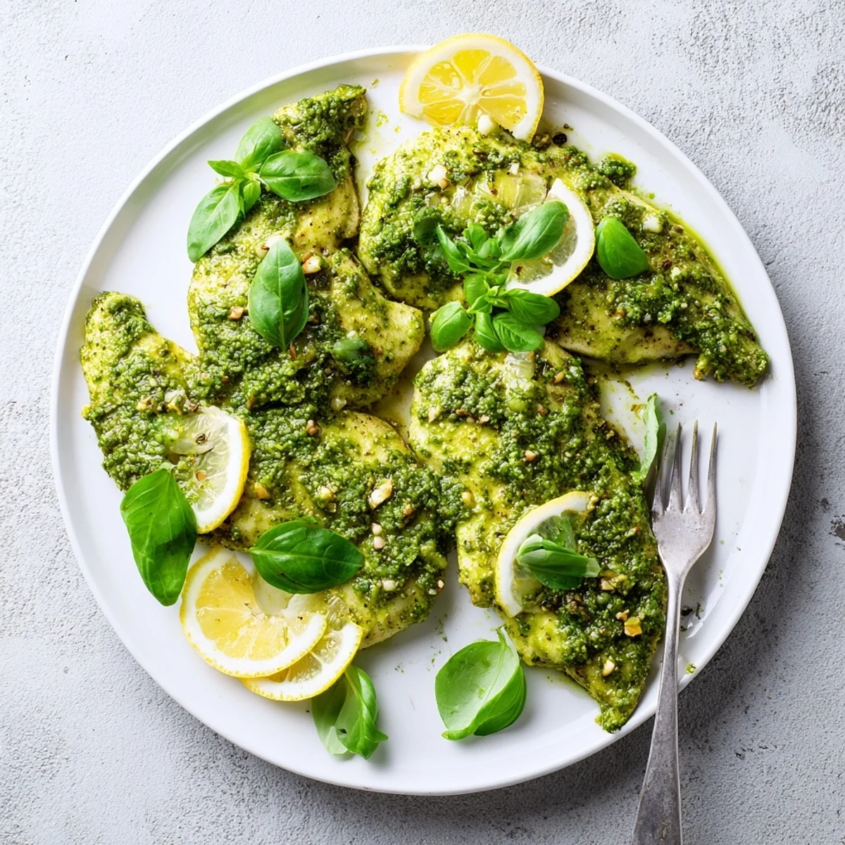 Juicy lemon basil pesto chicken resting on a white plate with lemon slices and parmesan sprinkles
