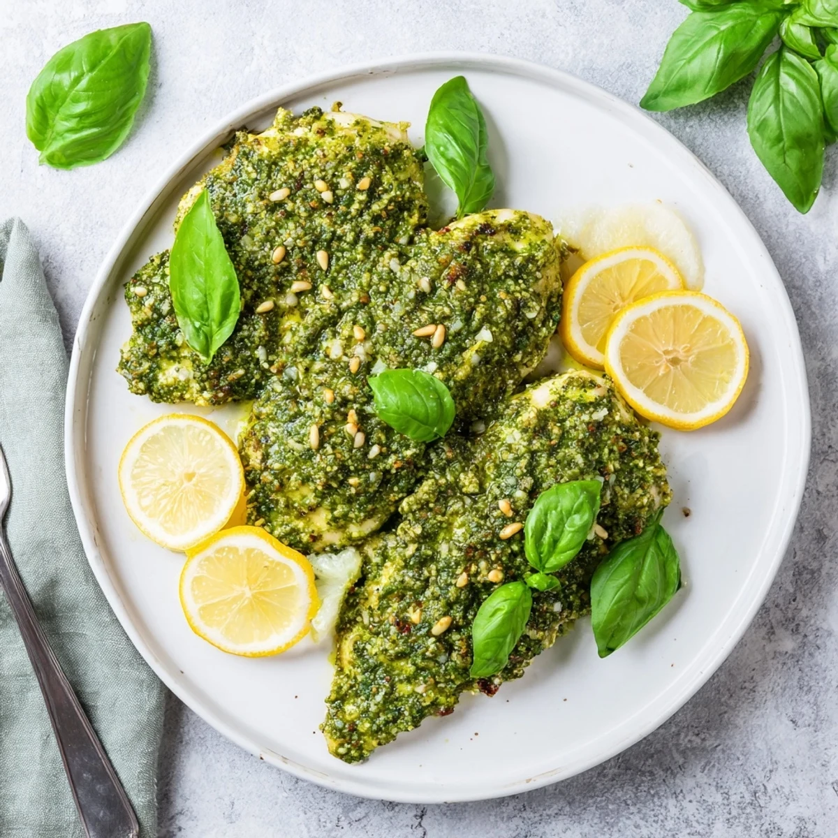 Golden baked chicken breast topped with vibrant green lemon basil pesto sauce garnished with fresh basil