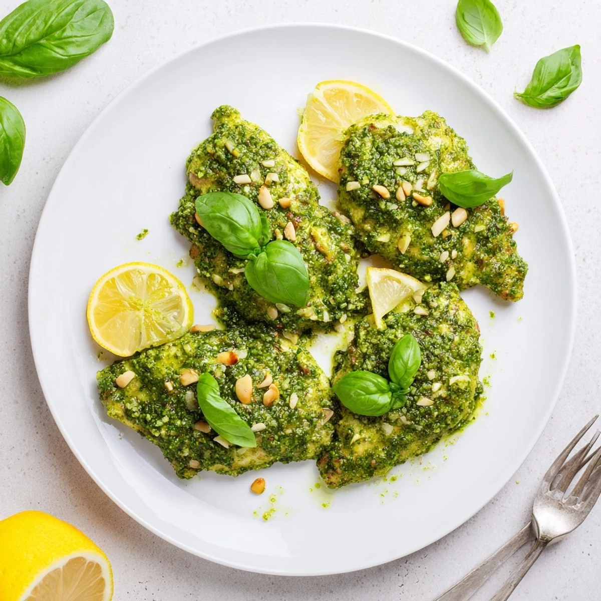 Oven-baked chicken breasts smothered in thick aromatic lemon basil pesto with fresh basil leaf garnish