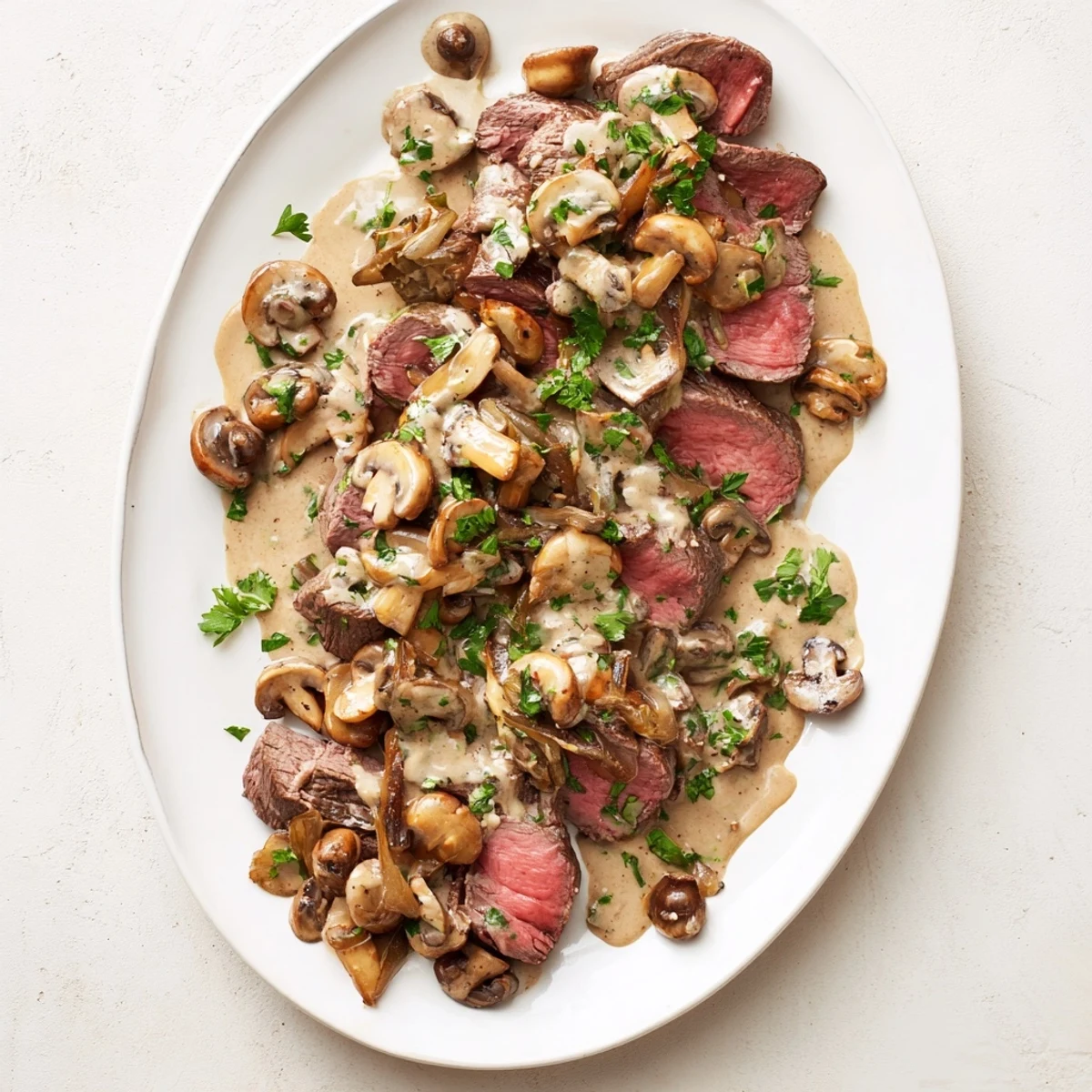 Golden seared beef tenderloin roast topped with rich creamy mushroom sauce and fresh parsley garnish