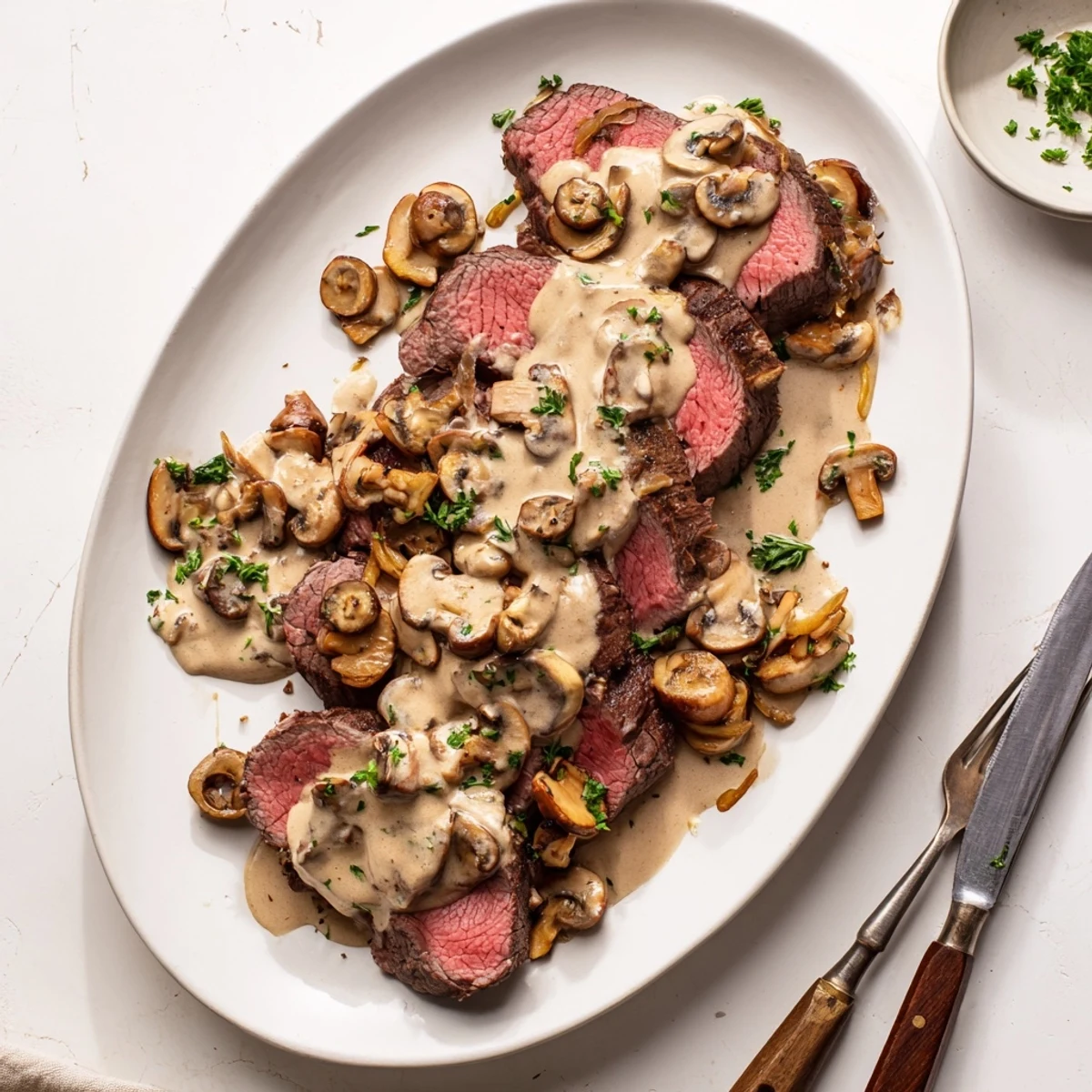 Sliced medium-rare beef tenderloin drizzled with velvety mushroom cream sauce on white plate