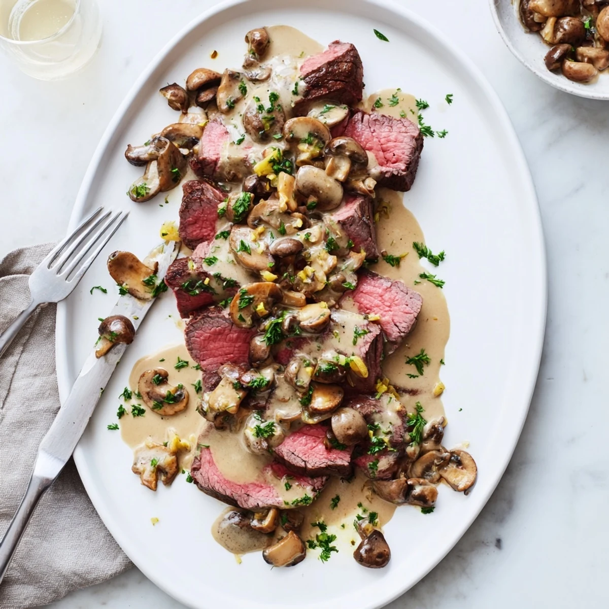 Elegant dinner featuring tender beef tenderloin medallions smothered in savory white mushroom cream sauce