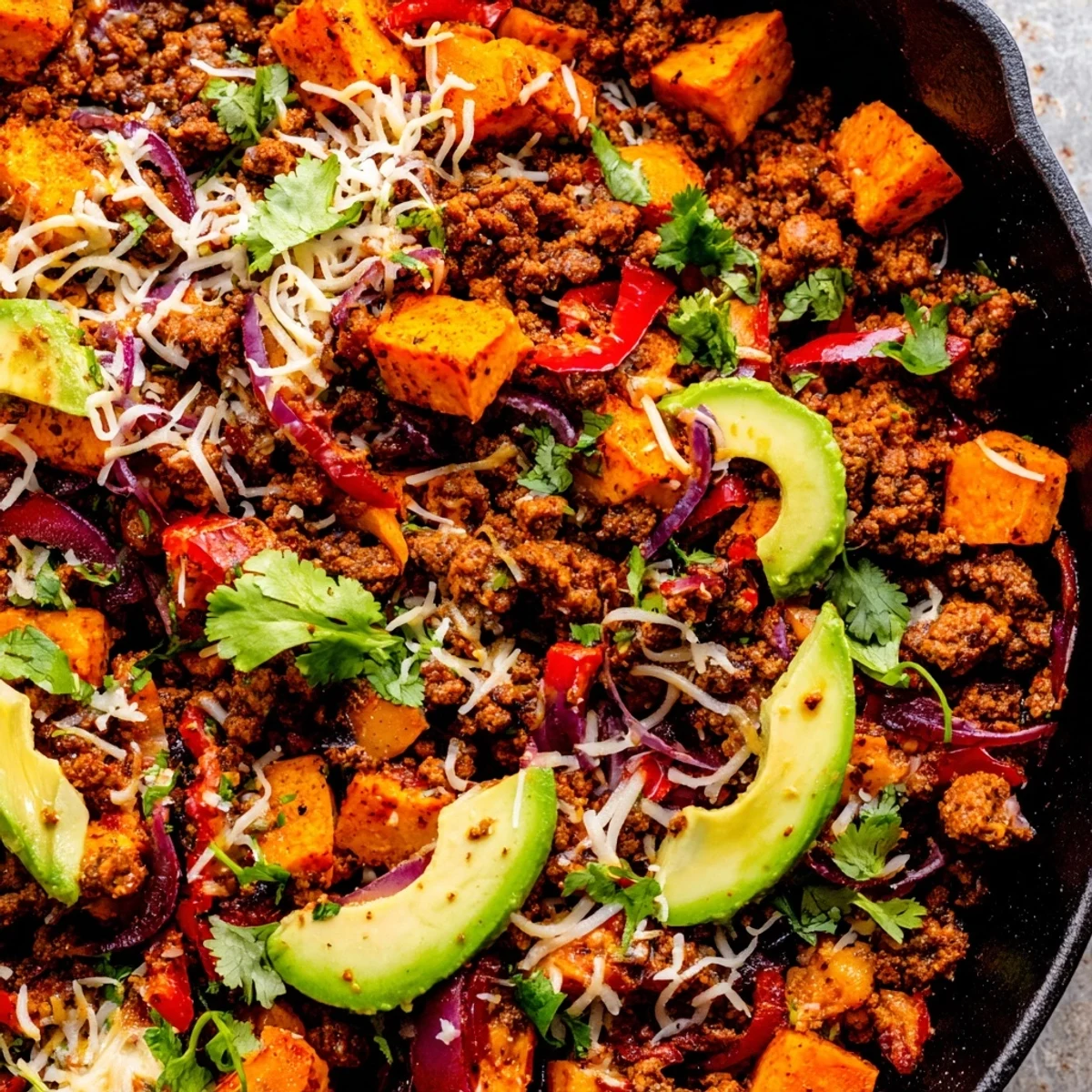 Golden Southwest ground beef and sweet potato skillet garnished with fresh cilantro and avocado slices