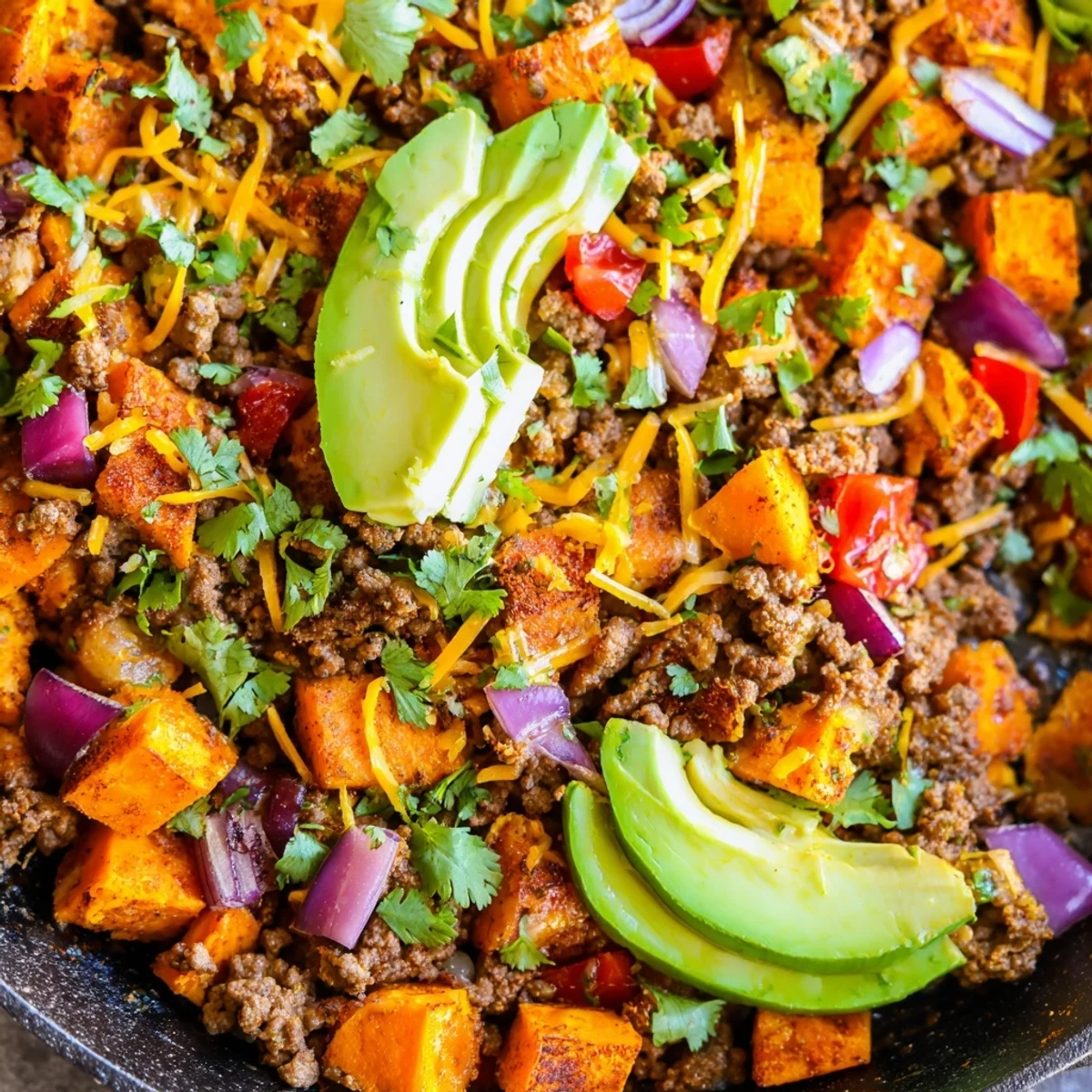 One-pan Southwest ground beef and sweet potato skillet featuring tender vegetables and melted cheese topping