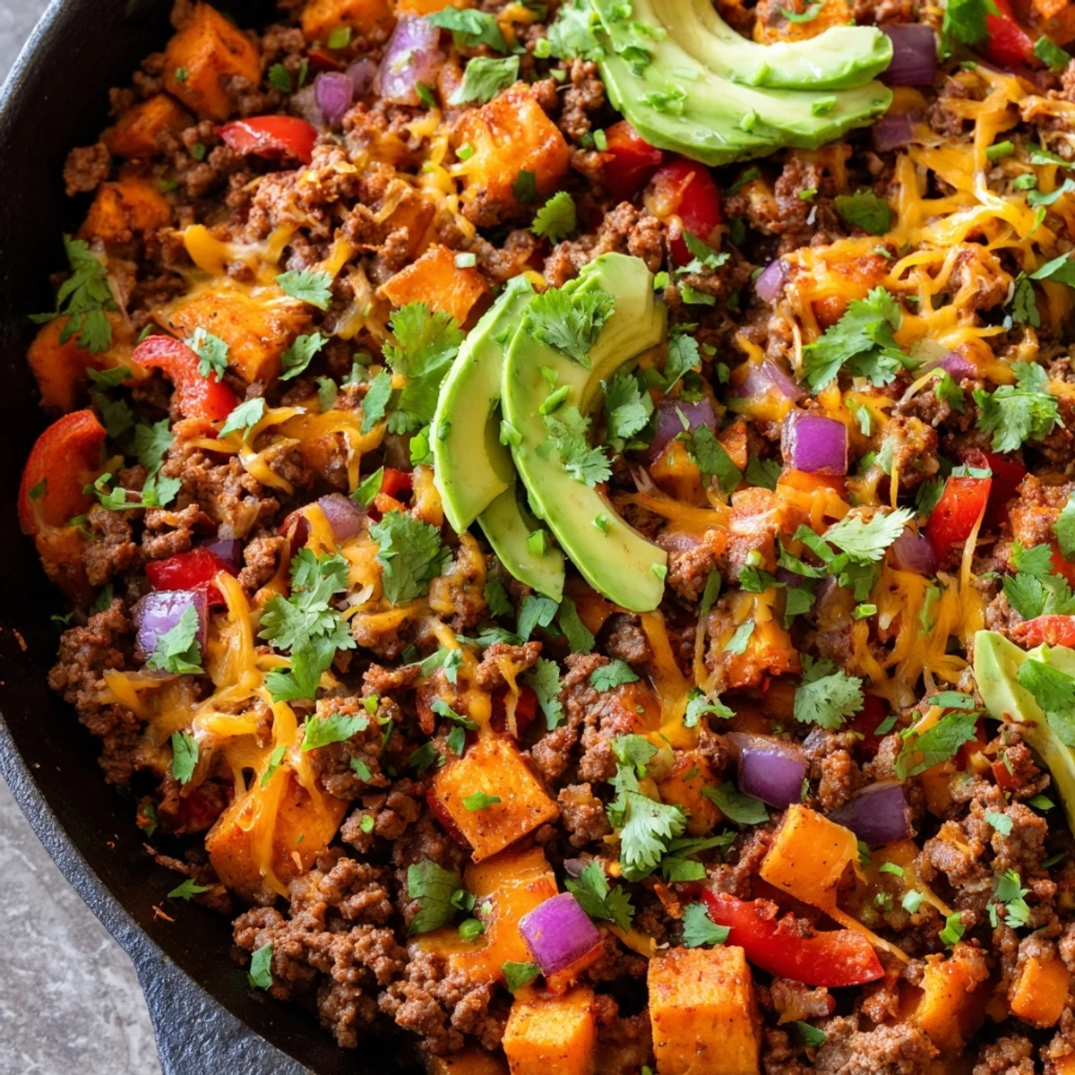Hearty skillet of seasoned Southwest ground beef and sweet potatoes served in a cast iron pan