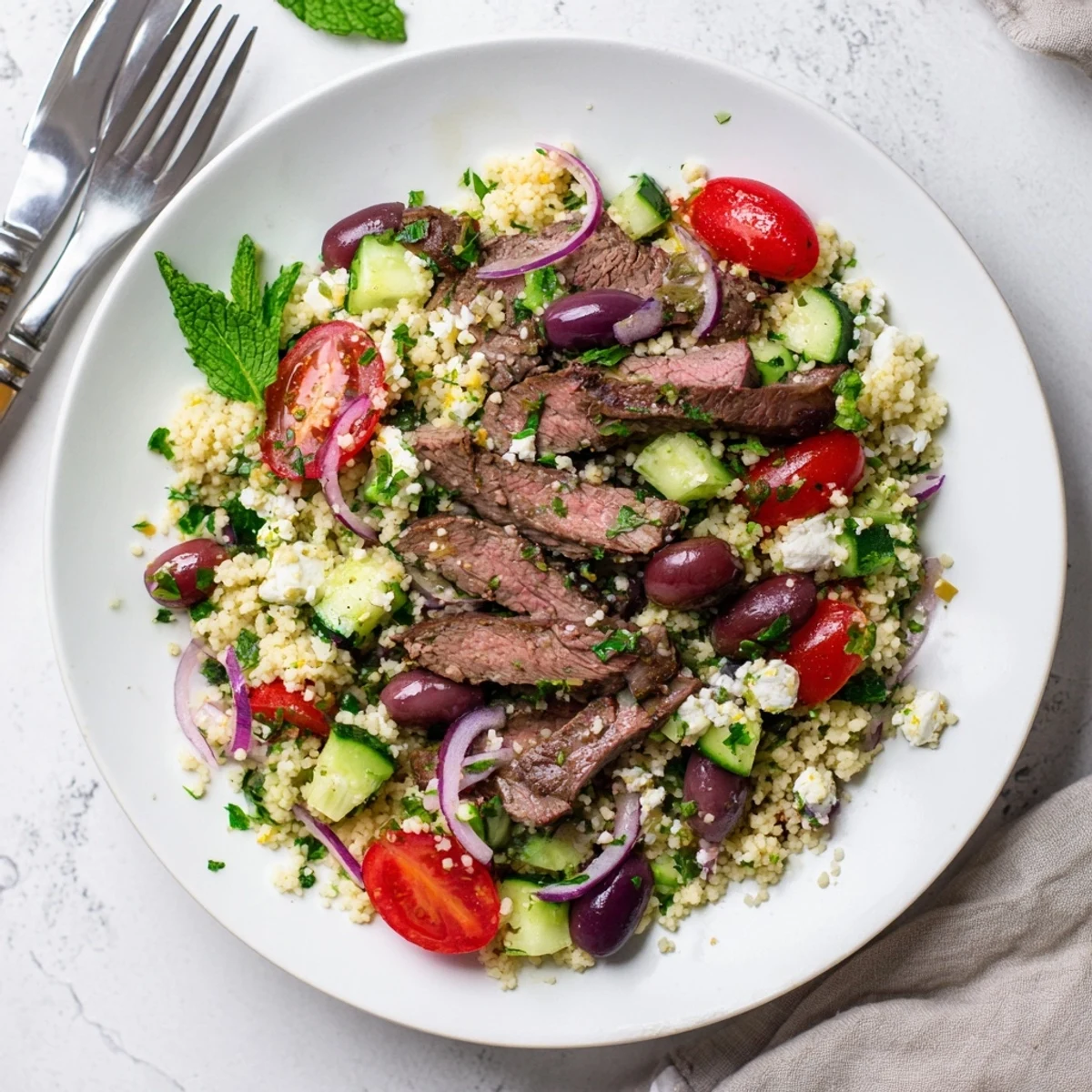 Colorful grilled skirt steak couscous salad with fresh tomatoes, cucumber, and herbs on a white serving platter