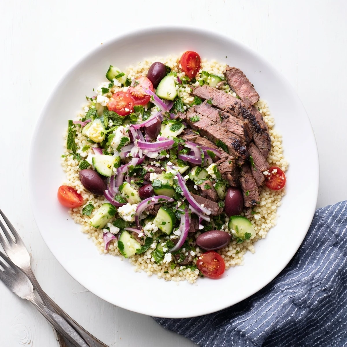 Sliced smoky grilled skirt steak arranged over Mediterranean couscous salad with Kalamata olives and bright vegetables