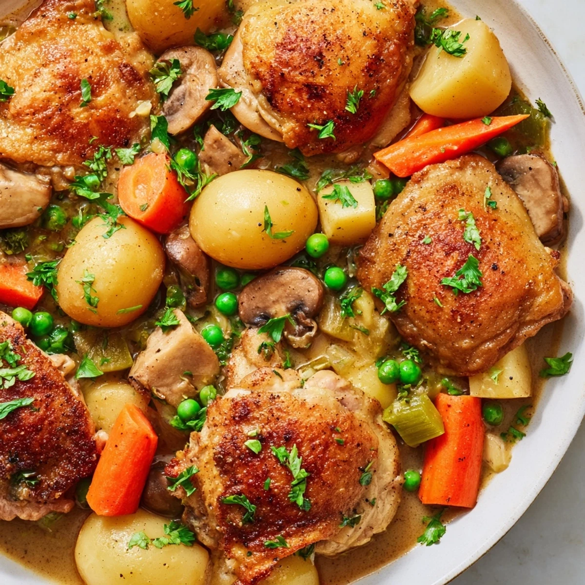 Golden brown chicken thighs nestled in a rustic French chicken casserole with tender vegetables and herbs