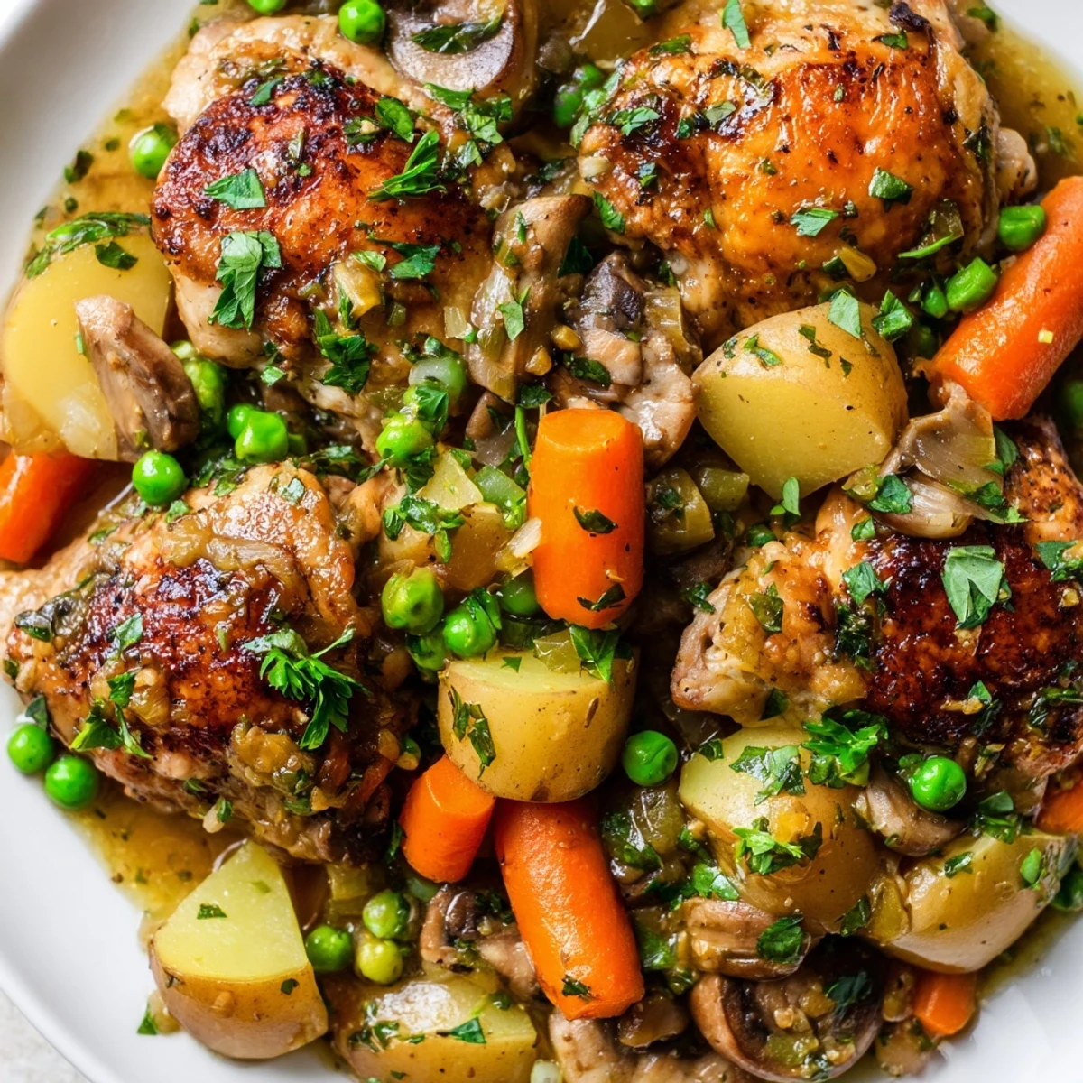 Creamy French chicken casserole bubbling in a Dutch oven with savory root vegetables and fresh parsley garnish