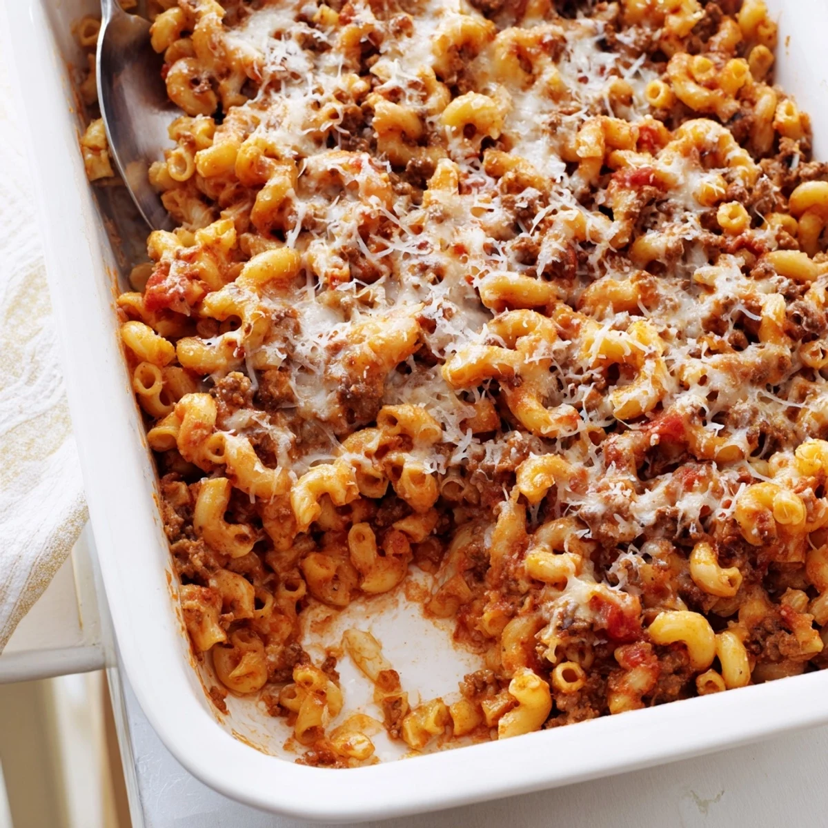 Savory ground beef and macaroni swirl in rich garlic butter sauce under mozzarella topping