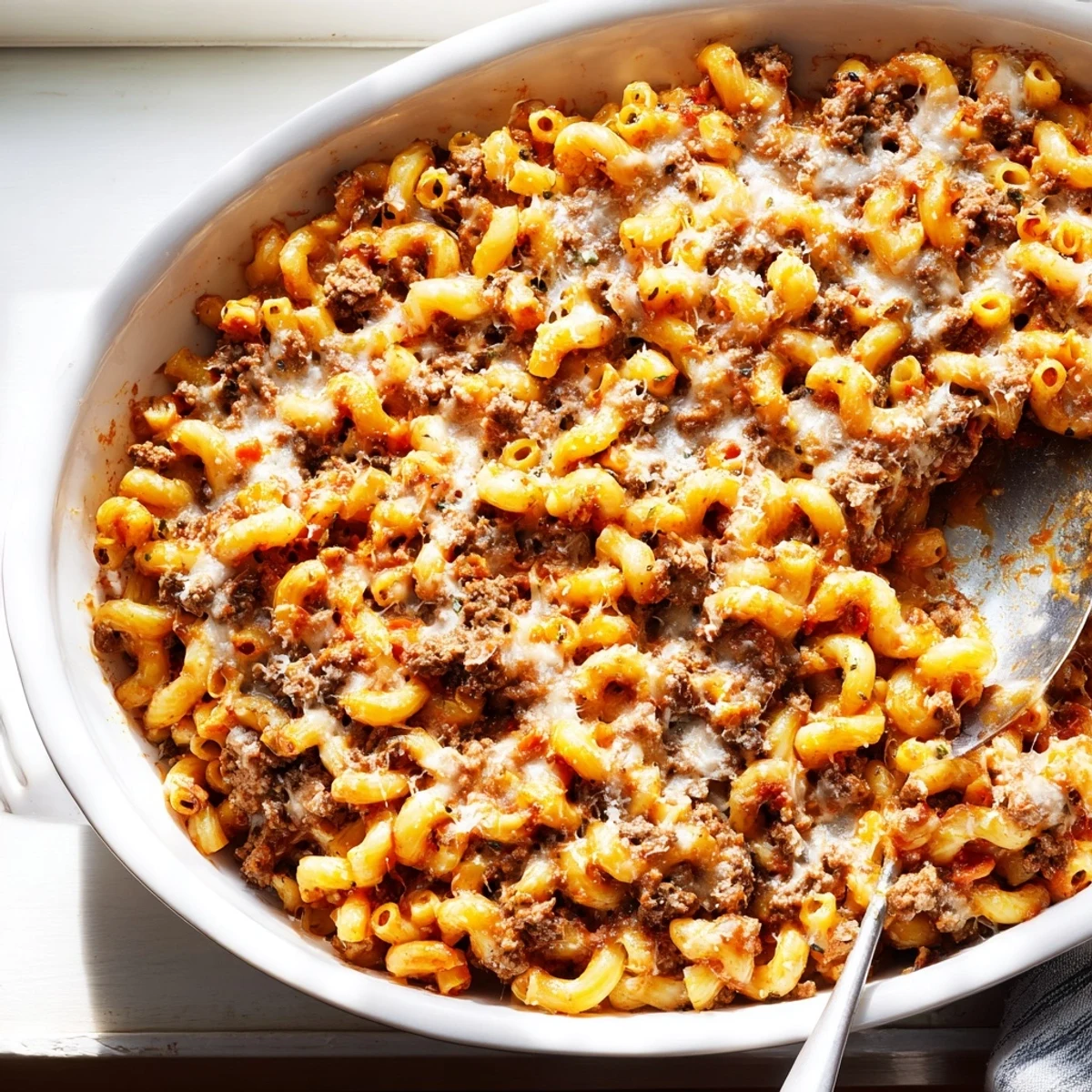 Golden melted cheese blankets garlic butter beefaroni in a bubbling pasta bake casserole