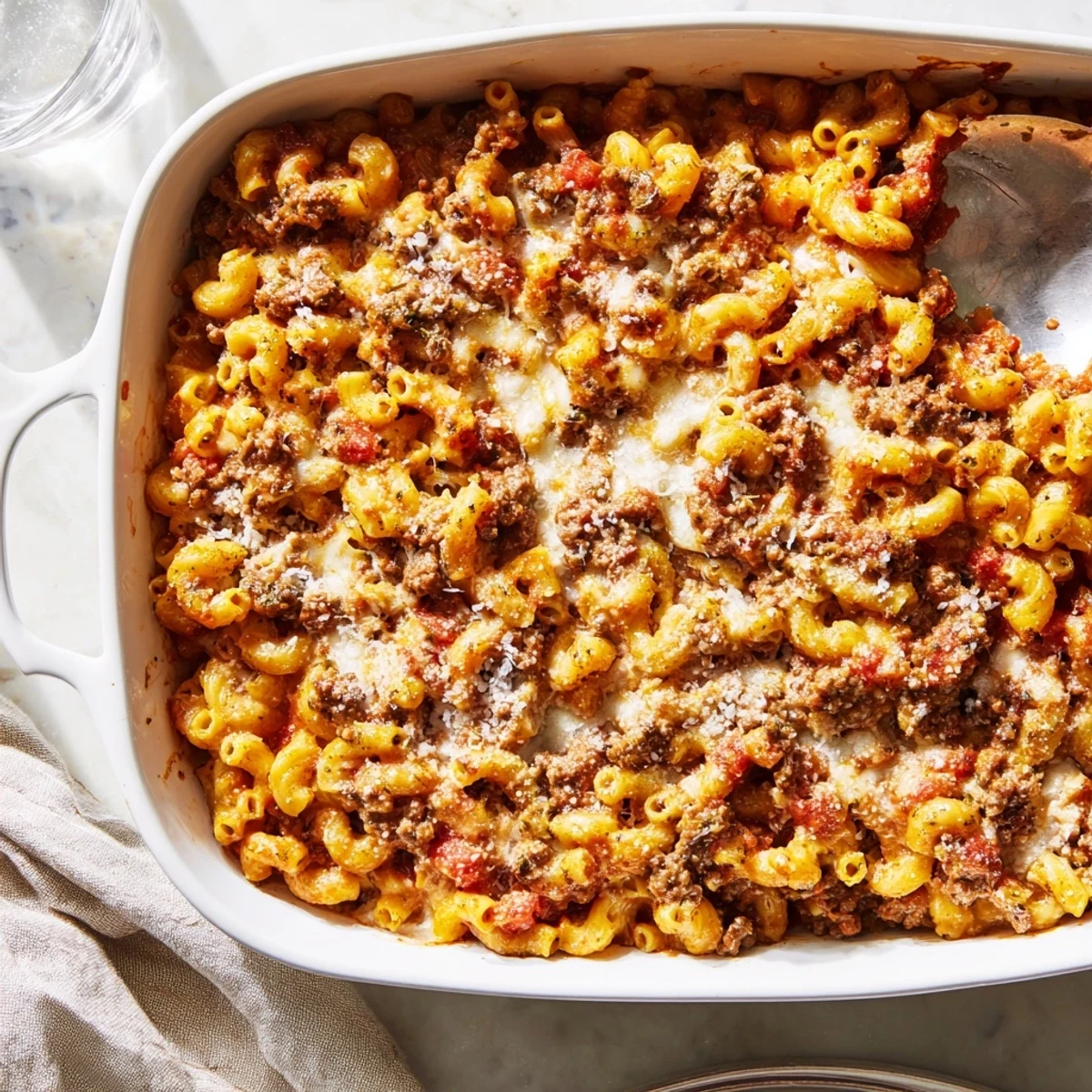 Comforting garlic butter beefaroni bakes until cheesy and golden for a hearty family dinner